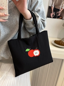 Black nylon tote bag with red apple embroidery, stylish portable shoulder shopping bag