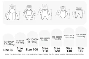 Detailed size chart for children knit outfits covering heights 73cm to 140cm