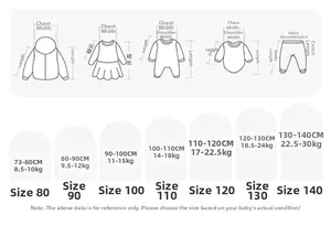 Detailed size guide for children's clothing including height and weight references