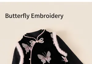 Close-up of black velvet Chinese vest with butterfly embroidery and pink faux fur trim