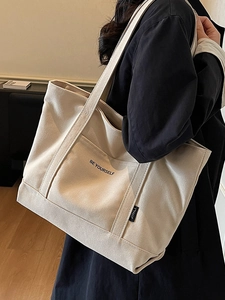 Women Casual Canvas Tote Bag With Letter Print Large Capacity Shoulder Bag Solid Color Versatile Student Commuter Handbag