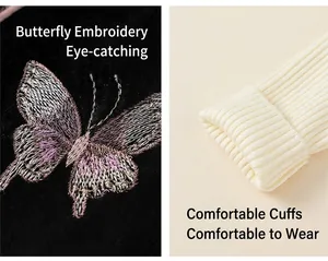 Detail of colorful butterfly embroidery on velvet fabric and elastic ribbed cuff texture