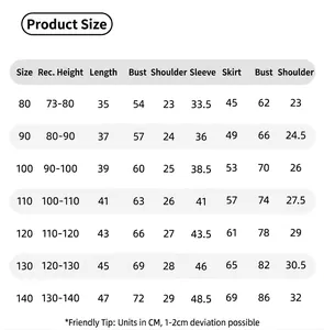 Detailed size chart for girls' traditional style bow dress set with measurements in cm