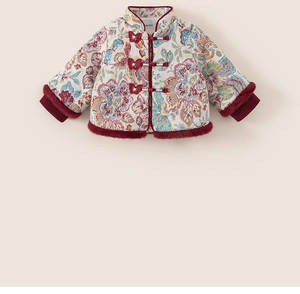 Detail of Chinese style winter coat for girls featuring floral patterns and butterfly buttons