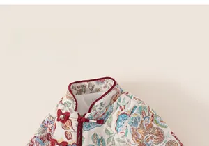 Detail of traditional Chinese jacket featuring handmade butterfly knot and jacquard fabric