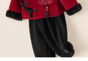Close-up of traditional Chinese winter suit with fur collar and dragon embroidery