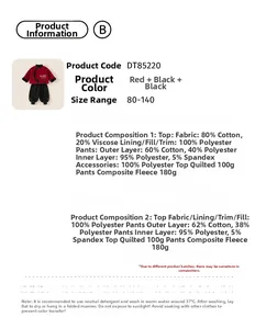 Size chart and fabric details for boys' traditional red quilted top and black pants set