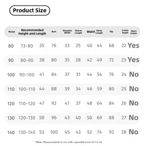 Detailed size chart for children Chinese style winter set covering sizes 80 to 140 cm