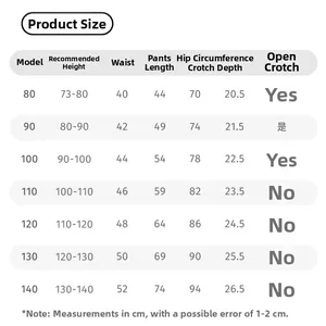 Detailed size chart for kids fleece lined trousers covering heights from 73cm to 140cm