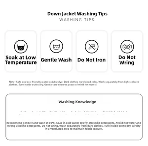Care label for kids down jacket showing 30°C hand wash and drying instructions