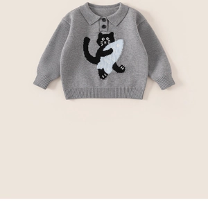 Close-up of grey knitted kids' sweater with polo collar and cute black cat jacquard pattern