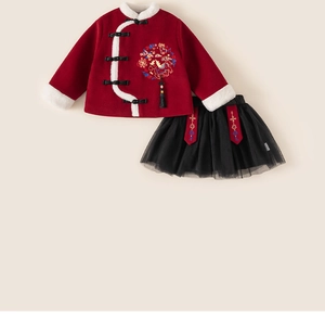 Detail of red velvet jacket with white faux fur trim and traditional Chinese dragon embroidery