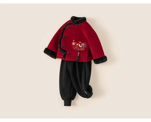 Detail of red Chinese winter jacket with faux fur trim, frog buttons and embroidery