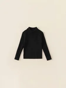 Minimalist black high neck ribbed knit sweater for girls with long sleeves