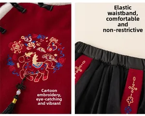 Detail of red plush top with cartoon horse embroidery and black pleated skirt waist