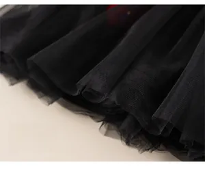 Detail of multi-layer black tulle tutu skirt showing fluffy mesh texture and tiered hem