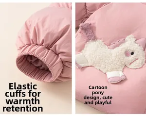 Detail of elastic ribbed cuffs and cartoon unicorn fleece patch on pink winter coat