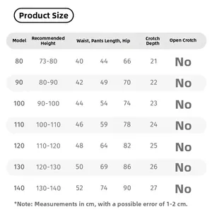 Detailed size chart for children knit trousers including height, waist, and length measurements