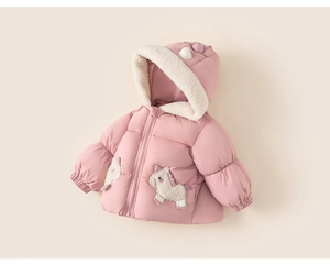 Detail view of pink quilted toddler jacket with unicorn embroidery and sherpa hood lining