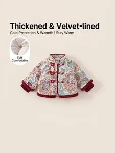 Girls Chinese Style Winter Coat Jacquard Floral Tang Suit Thickened Padded Jacket Faux Fur Trim Butterfly Buttons Outerwear