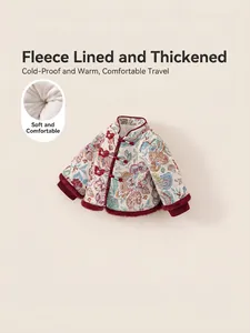 Girl's traditional Chinese padded winter coat with floral pattern and red faux fur trim