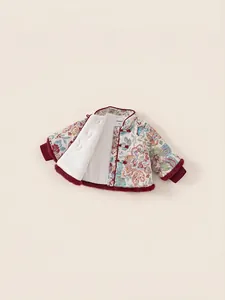 Traditional Chinese quilted winter jacket for baby girls with floral brocade and fur trim
