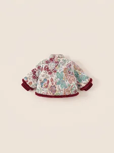 Quilted floral Chinese style winter coat for girls with red faux fur trim details