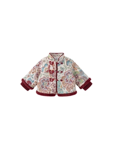 Quilted floral Chinese New Year coat for girls with butterfly buttons and faux fur trim