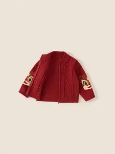 Gilet tricoté rouge pour enfants avec broderie tigre festive et fermeture éclair