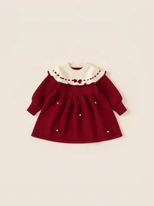 Robe en Tricot Pour Fillettes Manches Longues Col Contrasté Nœud Künstliche Perle Artificielle Hiver Chaud Festif Coupe en A Mélange Acrylique
