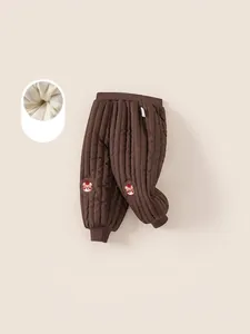 Pantalon d'hiver doublé polaire pour enfants marron avec matelassage et ours brodé