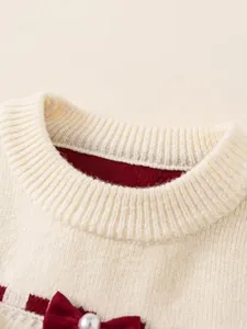 Robe en tricot épais pour fille avec col contrasté rouge et nœud orné d'une perle