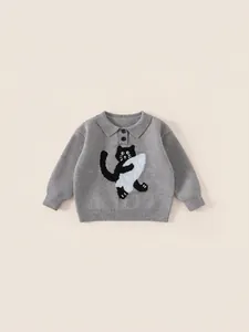 Kids Casual Cartoon Cat Jacquard Knit Sweater Warm Winter Long Sleeve Polo Neck Acrylic Blend Pullover For Boys Girls