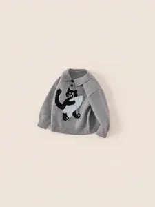 Kids grey knitted polo sweater featuring a cute cat and fish jacquard pattern with collar