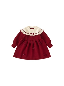 Robe en tricot bordeaux pour filles avec col à volants blanc et détails de nœuds