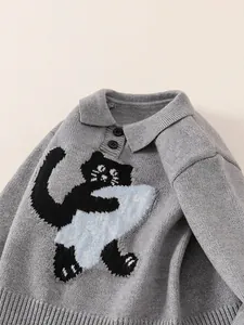 Grey knit polo sweater for kids with cute black cat jacquard pattern and button collar