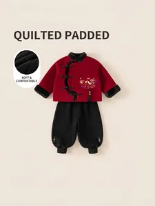 Boys Traditional Chinese Style Clothing Set Quilted Thickened Winter Tang Suit Red Top Black Pants Embroidered Auspicious Beast Faux Fur Trim