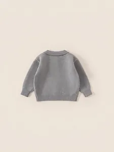Kids long sleeve gray knit sweater featuring a stylish polo collar and ribbed cuffs