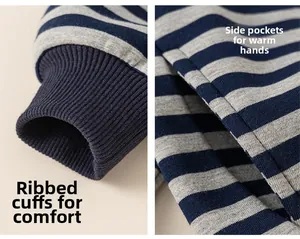 Detail of kids striped sweater featuring ribbed cuffs and side slash pockets design