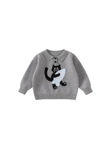 Kids grey knitted polo sweater with cute black cat and blue fish graphic design