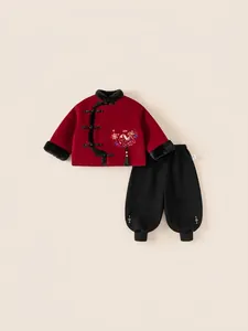 Kids traditional Chinese New Year outfit with red embroidered jacket and black joggers