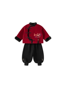 Chinese New Year boys red embroidered jacket and black joggers set for winter wear