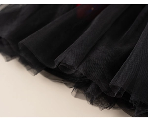 Detail of multi-layered black mesh fabric showing fine honeycomb texture and soft draping