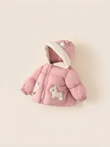 Pink hooded padded jacket for girls with unicorn embroidery and warm fleece lining