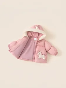 Pink hooded padded winter jacket for toddlers featuring a cute unicorn horn and fleece trim