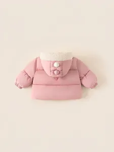 Pink quilted hooded winter coat for girls with plush pom-poms and warm fleece lining