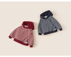 Detailed view of striped kids hoodies with elastic ribbed cuffs and soft fleece lining