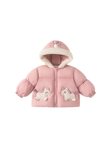 Pink hooded winter coat for toddler girls with unicorn horns and fuzzy 3D patches