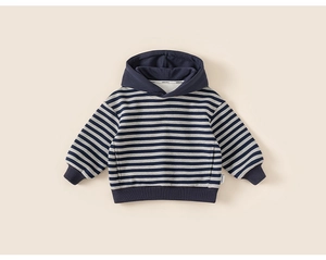 Detail of navy and white striped kids hoodie featuring ribbed cuffs and soft knit fabric