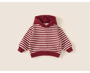 Flat lay of a striped burgundy and cream hooded sweatshirt for children with ribbed cuffs